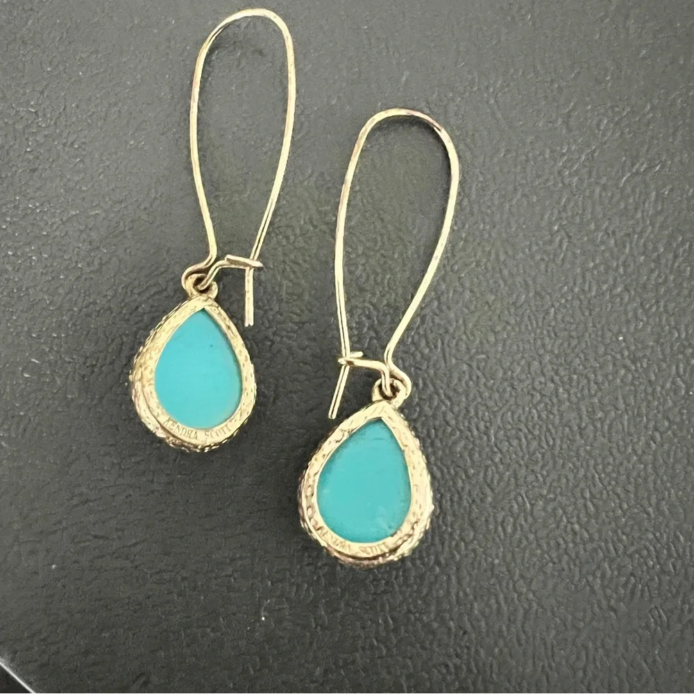Kendra Scott Aqua Dee Gold Tone and Blue Teardrop Earrings - Picture 2 of 7